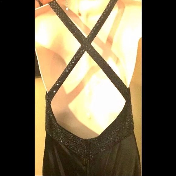 Vintage 80s glam slinky sexy black satin sequin disco sleek halter dress 5/6 - Picture 5 of 17